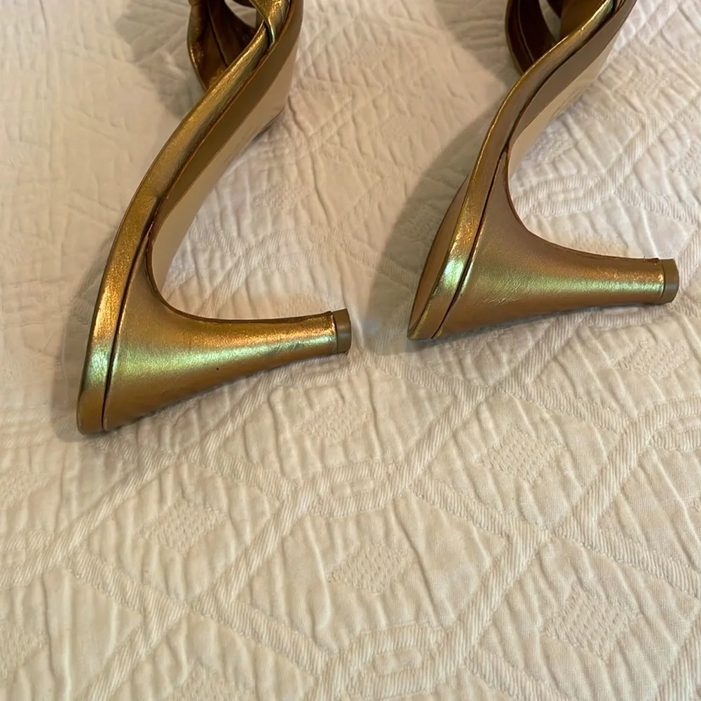 Salvatore Ferragamo Metallic Gold Knot Mule Heels